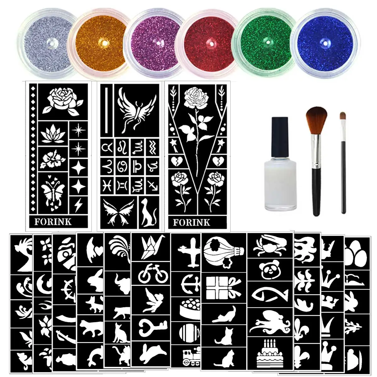6 latas de polvo de brillo metálico multicolor de gran capacidad y 14 hojas de varios plantillas de plantilla, tatuajes de maquillaje temporal DIY a mano, con pegamento grande y juego de 2 brochas, para fiestas de arte de Halloween, viajes, Navidad, carnaval, cumpleaños