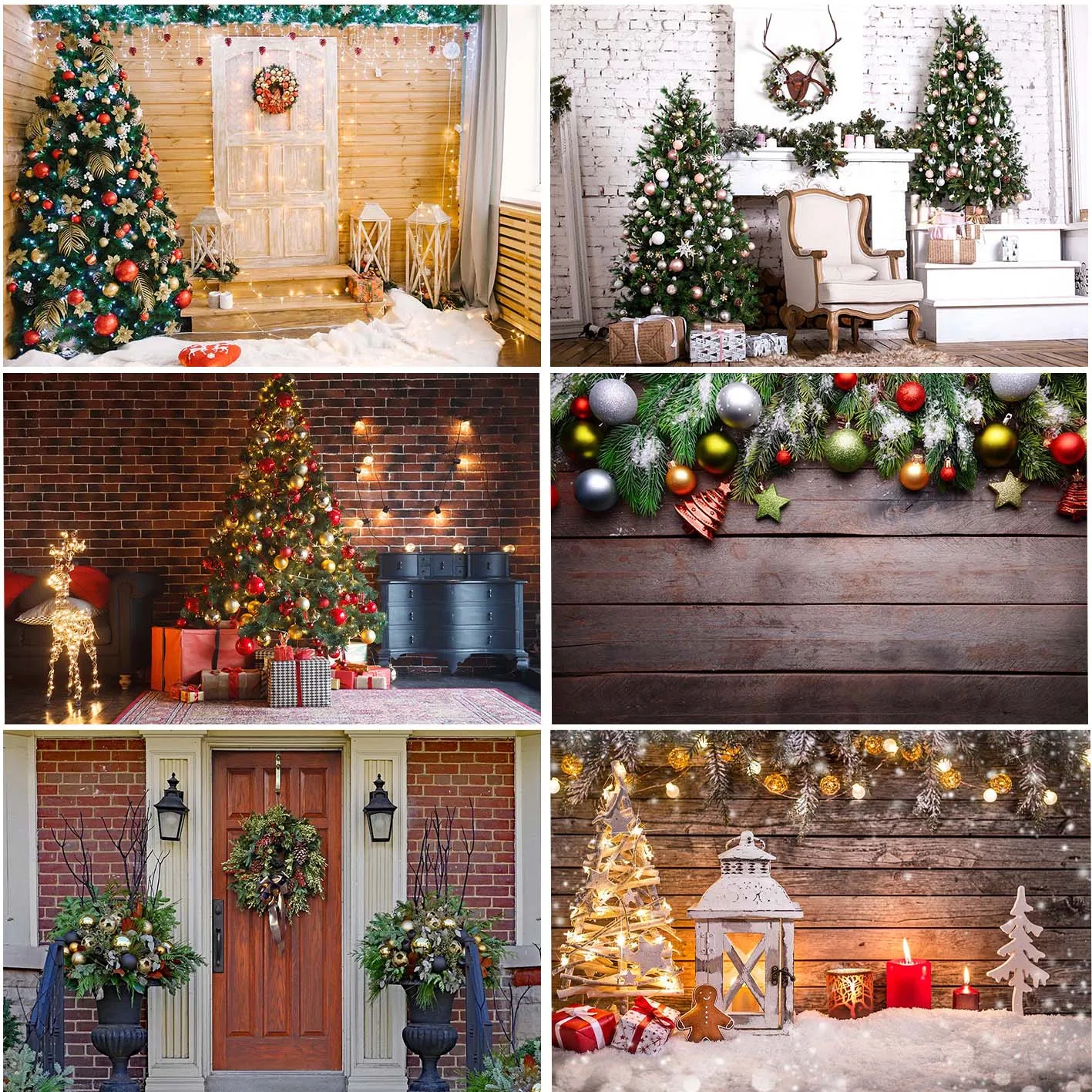 Fondo fotográfico de cabina de madera, pared de ladrillo, árboles de Navidad, luz nocturna, pan de jengibre, Pancarta, accesorios para sesión fotográfica