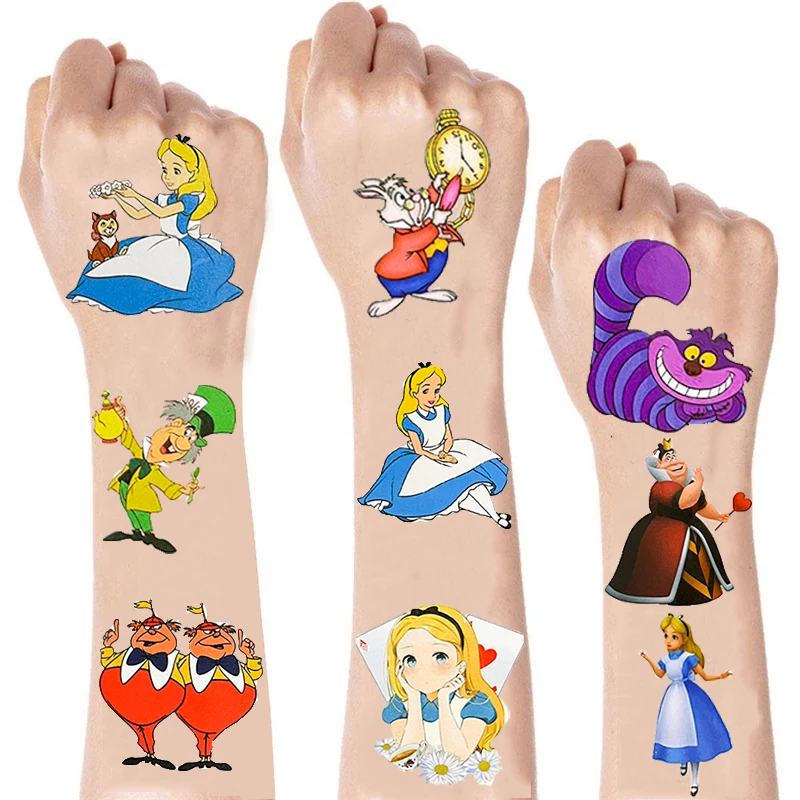 Anime Disney Alice in Wonderland Tattoo Sticker Cute Movie Waterproof Stickers Decal For Guitar Laptop Luggage Sticker Kids Toy