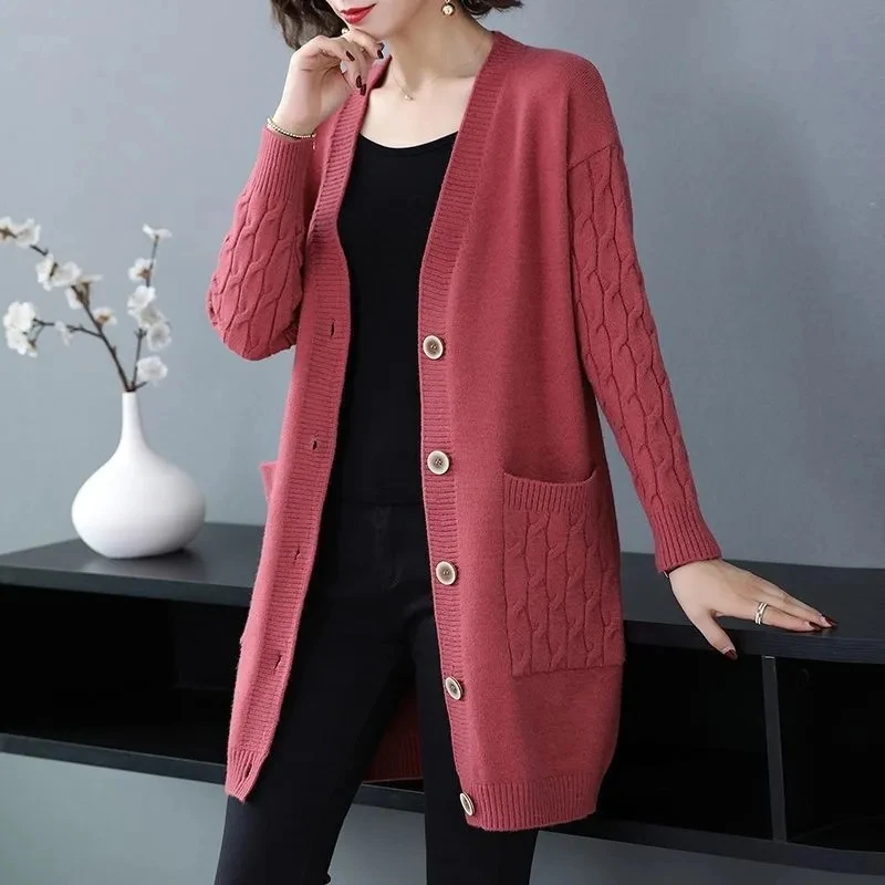 Women Mid-length Casual Knitted Cardigan V-neck Spring Fall Korean Sweater Oversize Loose Tops Coats Elegant Knitewear Outerwear