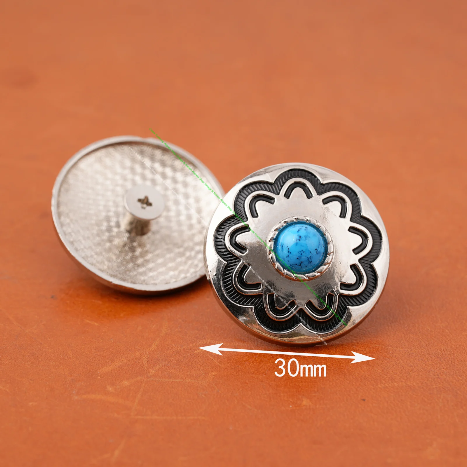 10PC 30MM Blue Turquoise Flower Western Horst HeadStall Saddles Bridle Tack Silver decoration Screwback