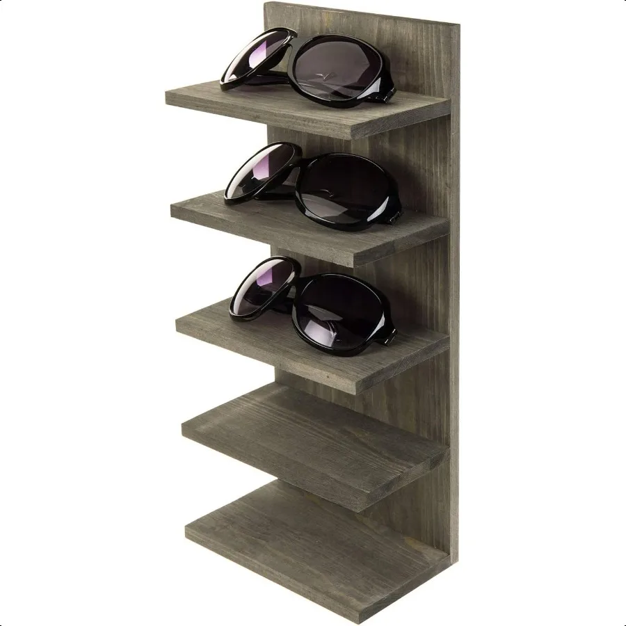 

5 Tier Vintage Gray Solid Wood Sunglasses Holder Rack Wall Mounted Eye Glasses Shelf or Tabletop Display Stand Retail Eyewear S