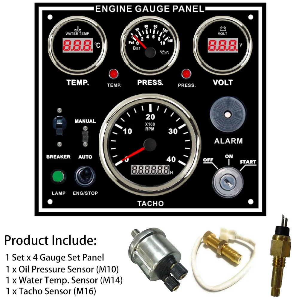 Newest 4 Gauge Set Instrument Panel with 4KRPM Tachometer Water Temp. Oil Pressure Voltmeter 220*200 mm for Boat Car 12V 24V