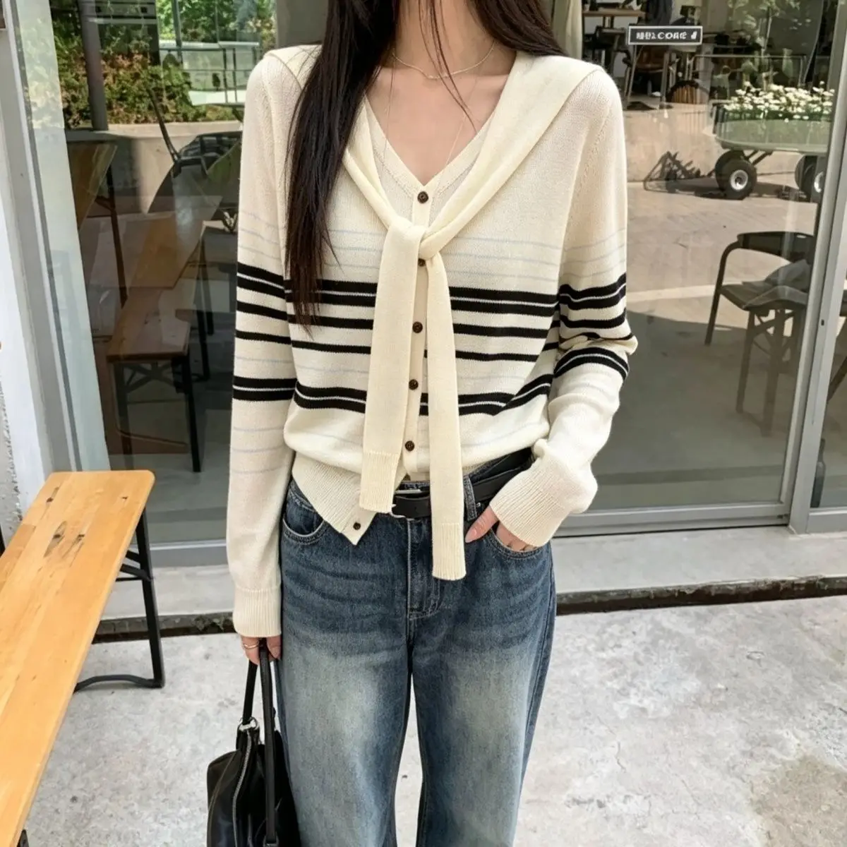 Autumn New Ins Design Shawl Fake Two-piece Striped Long-sleeved Knitted Cardigan