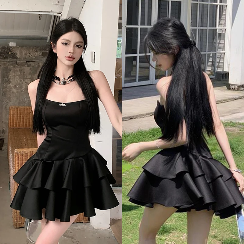 Mini vestido sem alças sem alças para mulheres, Sexy A-Line, vestido de festa, em camadas, preto, verão