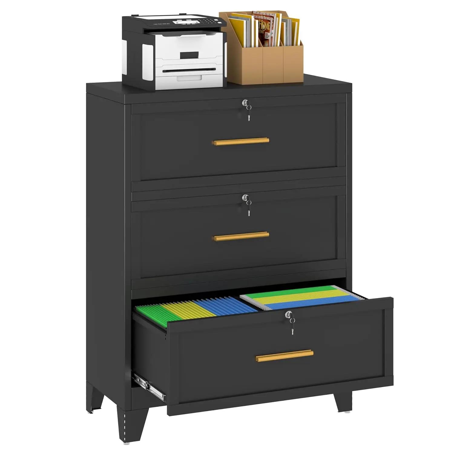 Metal Lateral File Cabinet 3 Drawer Steel Wide Filing Storage Office Lockable for Letter A4 F4 Size, Customized