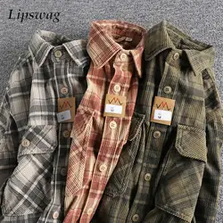 2025 Spring Autumn Casual Shirts For Men Long Sleeve Button Turn-down Collar Mens Corduroy Shirt Vintage Plaid Textured Cardigan