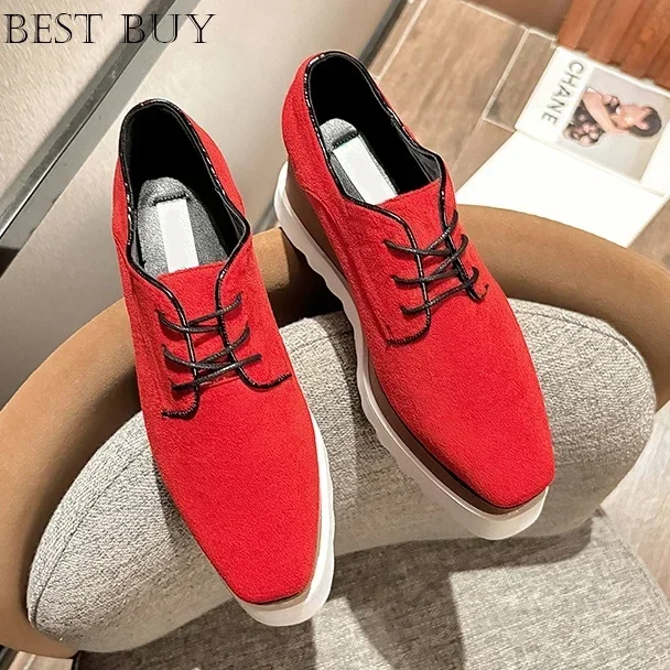 New Fashion Lace Up Platform Shoes real Leather Women's Casual Shoes Height Increase 9cm Ladies Shoes British Style Women Pumps