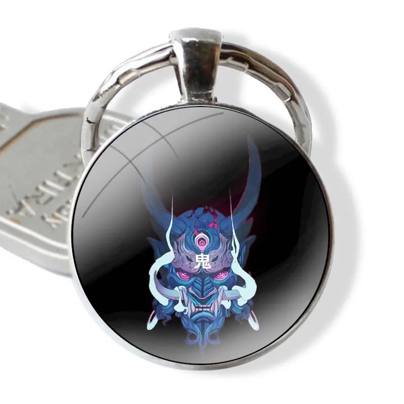 Keychain Handmade Glass Cabochon Key Ring Holder Pendant Key Chains Japanese samurai oni mask