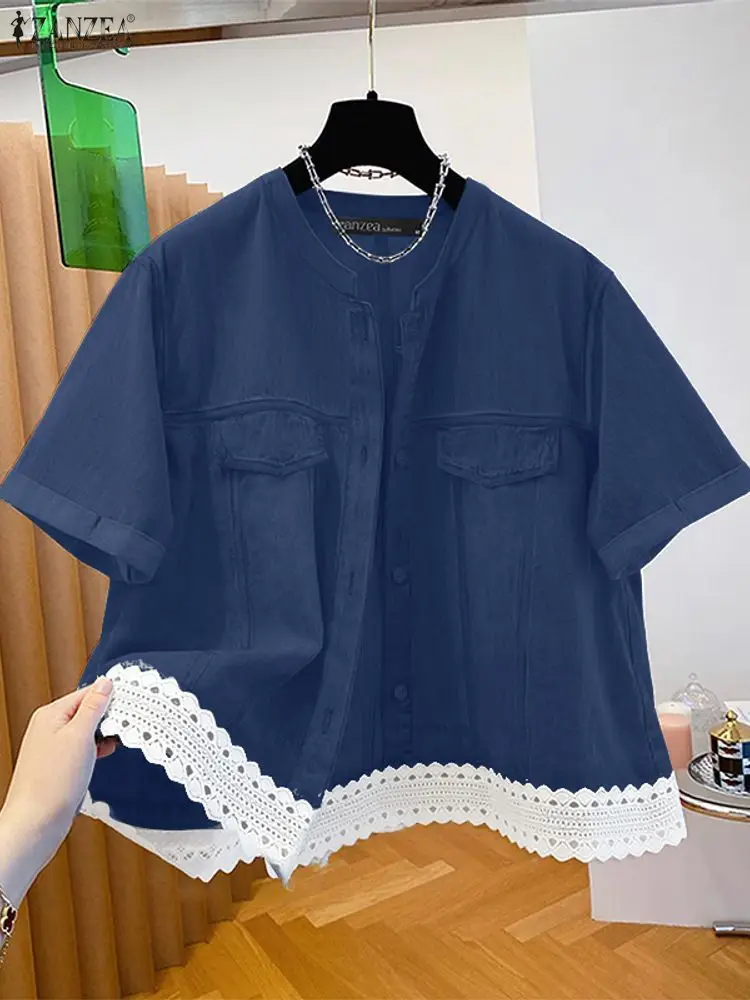 

ZANZEA Women Fashion Denim-Like Shirts 2025 Summer Casual Mandarin Collar Short Sleeve Button Up Lace Trim Hem Shirt Woman Tops