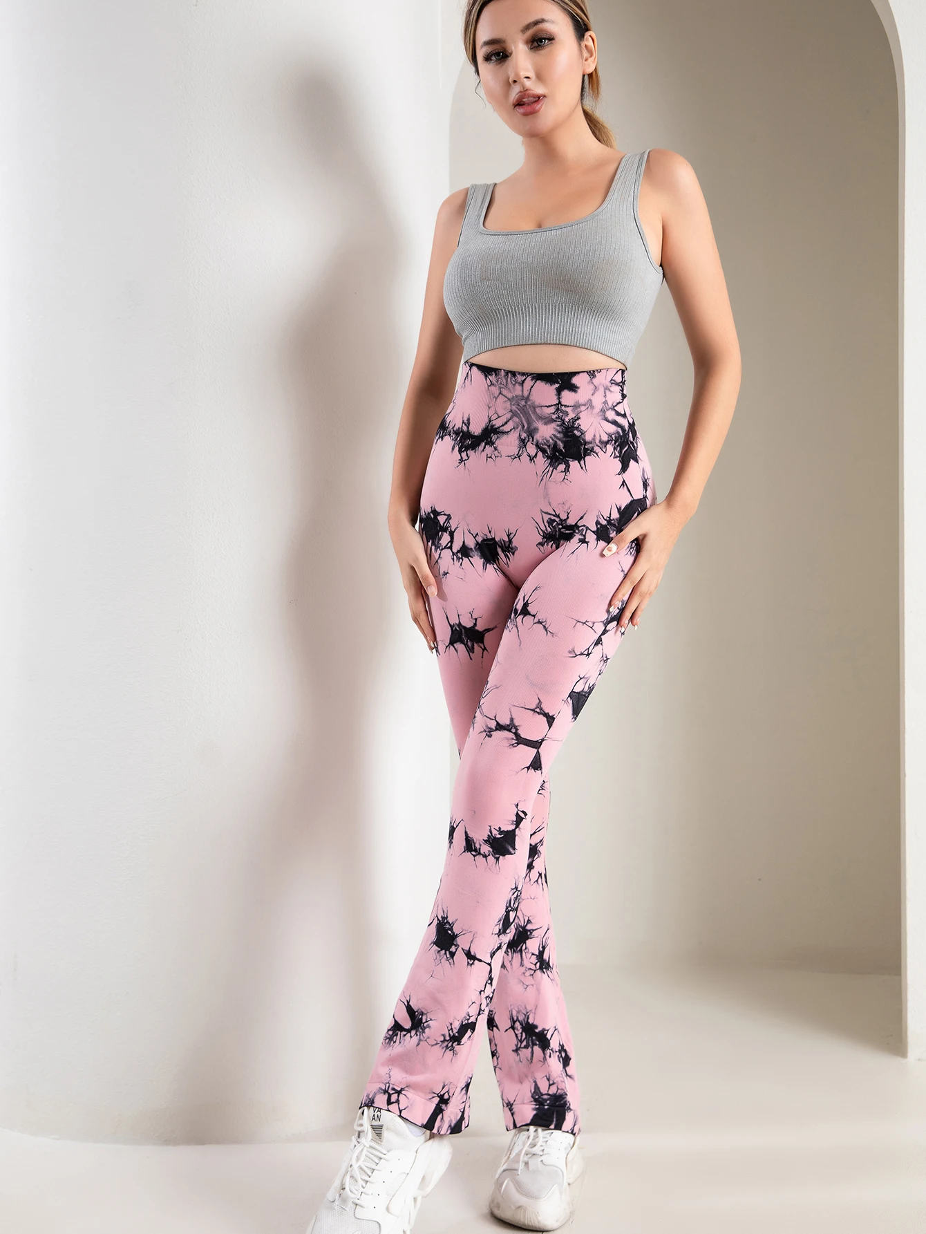 Fashion Perspiration Pink Tie Dye Corded Waist Flare Women High Waist Hip Lift Leggings High Stretch Tight Hip Lift Women