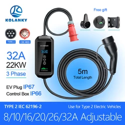 Cargador EV portátil Wallbox, carga tipo 2 para vehículo eléctrico de la UE, de nueva energía coches híbridos, 5M, 8/10/16/20/26/32A, 22kW