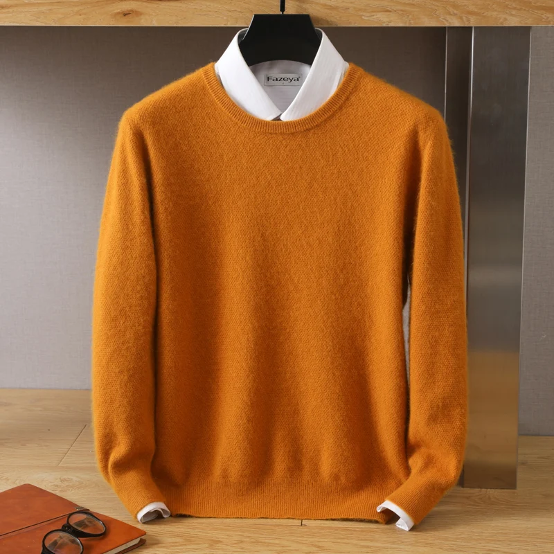 Men\'s Pullover Oneck Autumn Winter Mink Sweater Loose Knit Bottom Shirt Solid Color New Style Millet Pattern Long Sleeve Fashion