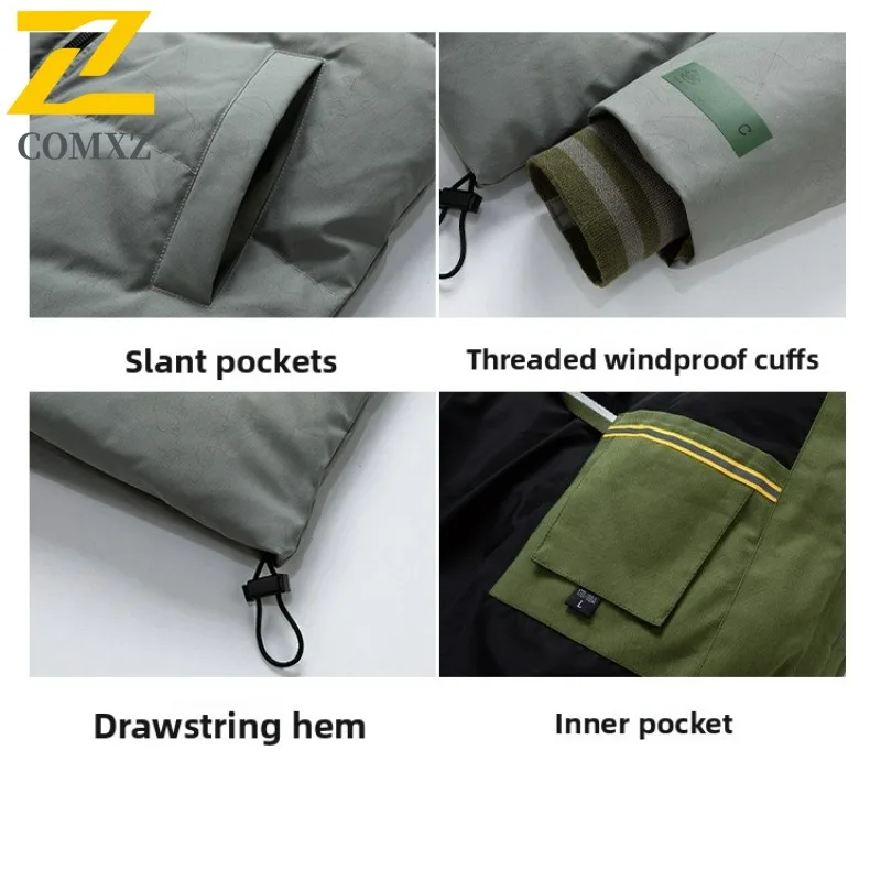 COMXZ Men Cotton-Padded Jacket Thickened Warm Snow Travel Windproof Warm Ski Puffer Jacket Loose Street Classic Winter Jackets