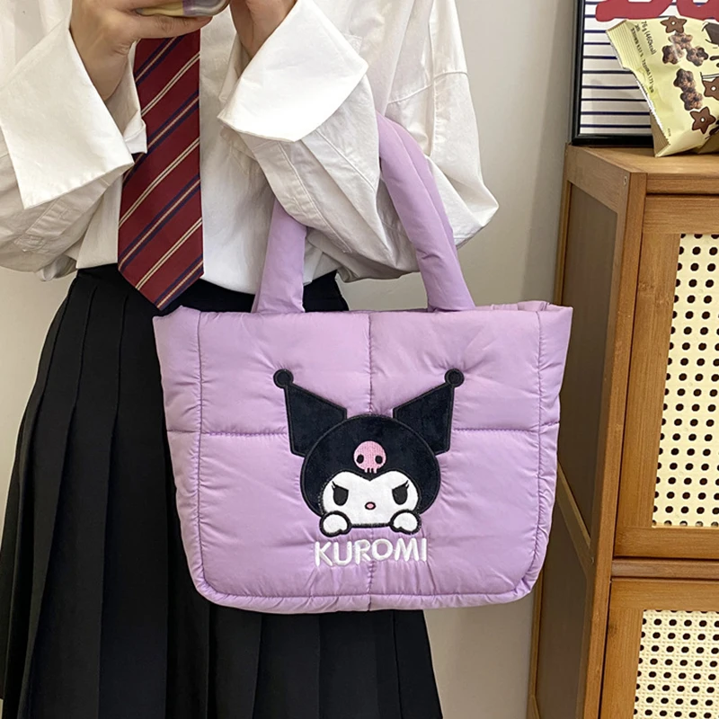 MINISO Sanrio Series Cartoon Cute Down Cloth Handbag Casual Large Capacity Shoulder Bag Melody Kuromi Tote Bag