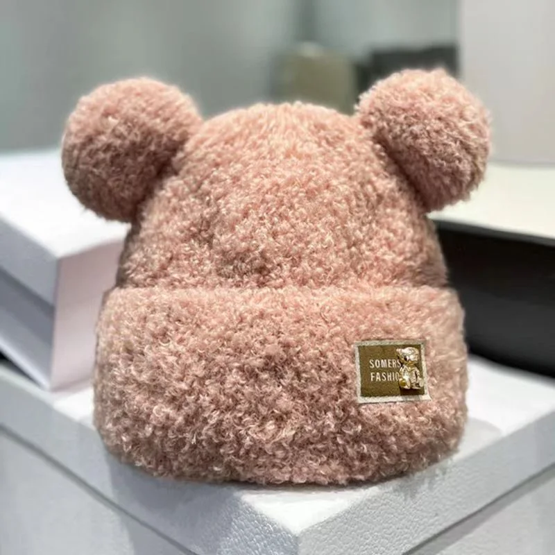 Winter women\'s thickened knitted hat Korean version cute bear plush warm knitted hat small face hat gorros invierno hombre