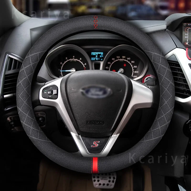 

Car Carbon Fiber Suede Steering Wheel Cover For Ford Fiesta Focus Badge Mondeo Ecosport Kuga Galaxy Escape Auto Accessories