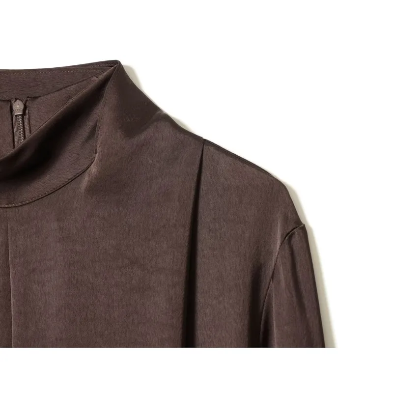 فستان ستان نسائي 2026 موضة جديدة نصف وشاح للرقبة العالية شريط فستان قصير أنيق أنثى كم طويل ربيعي مع حزام فساتين