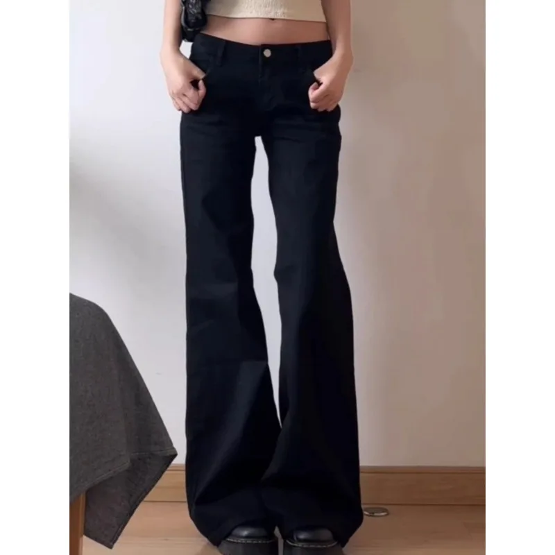 Botvotee Y2K noir taille basse jean évasé lavé Vintage décontracté minimaliste Denim pantalon Grunge couleur unie rue rétro pantalon