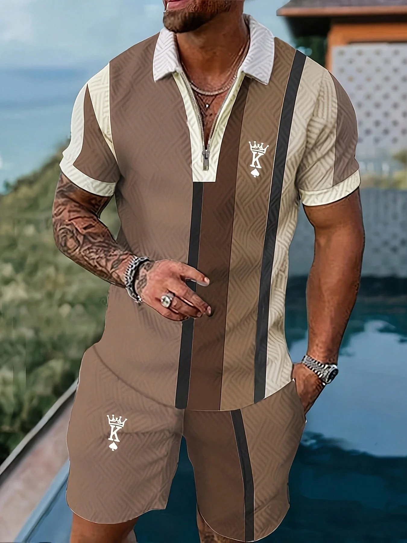 

Летний комплект для мужчин больших размеров: поло с 3D-принтом и шорты