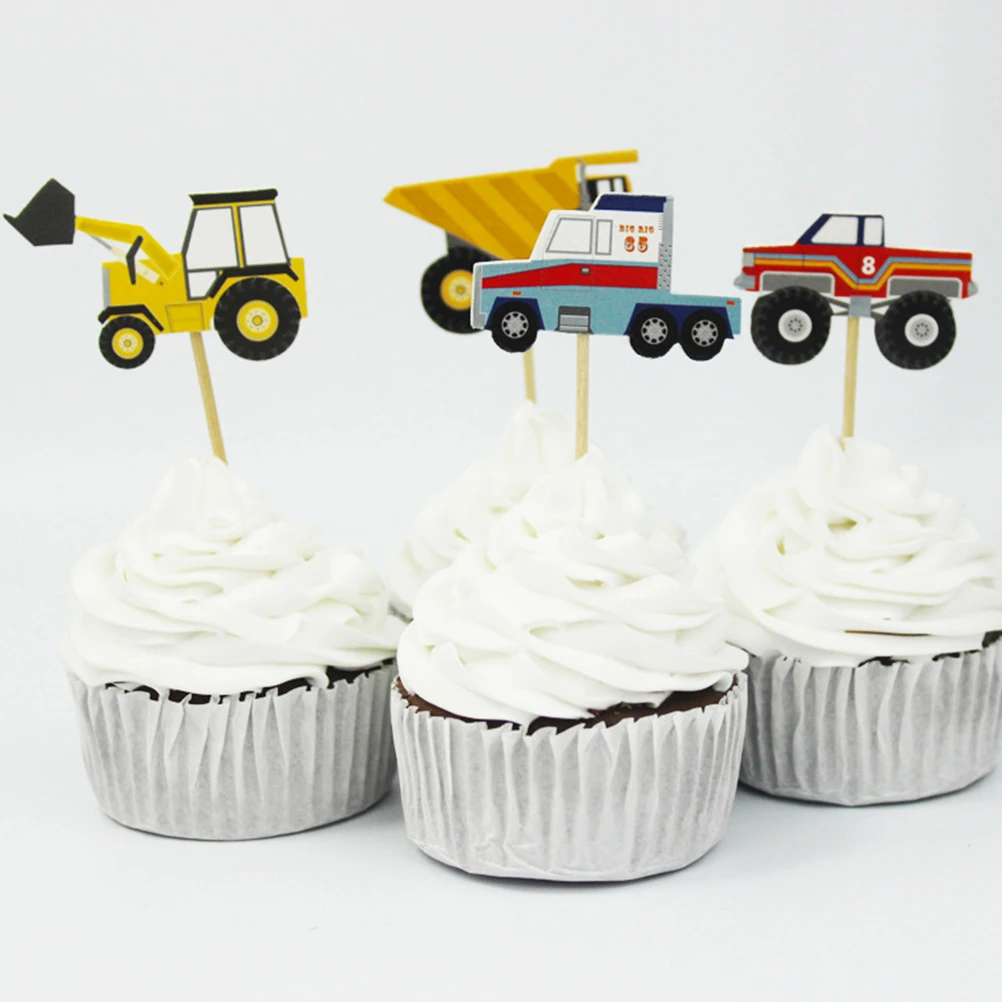 

24 Pcs Cake Sticks Car Truck Tractor Cupcake Toppers Insert Card Decorative Picks Party Supplies Scenic Creative Event