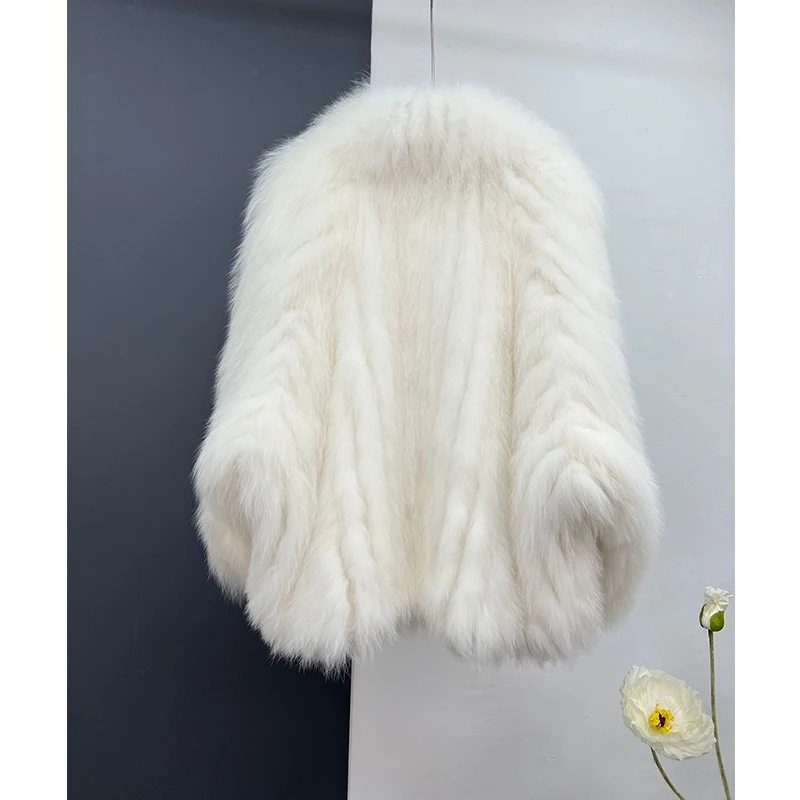 White Real Fur Coat Jacket for Women Fashion Natural Fox Fur Big Turn-down Collar Female Short Lace-up Real Fox Fur Jacket Coat