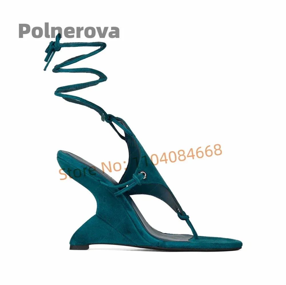 Sandalias sexis de ante marrón para mujer, cuñas con punta de Clip, tacones altos con cordones, estilo novedoso de verano para mujer, zapatos de pasarela para fiesta de diseñador