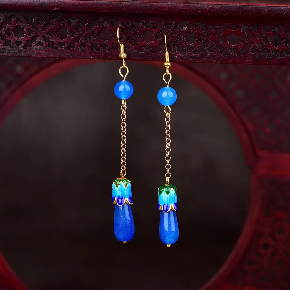 

Jade Stone Flowers Drop Earrings Blue Amulet Fashion Natural Charm Jewelry Gifts for Women Her