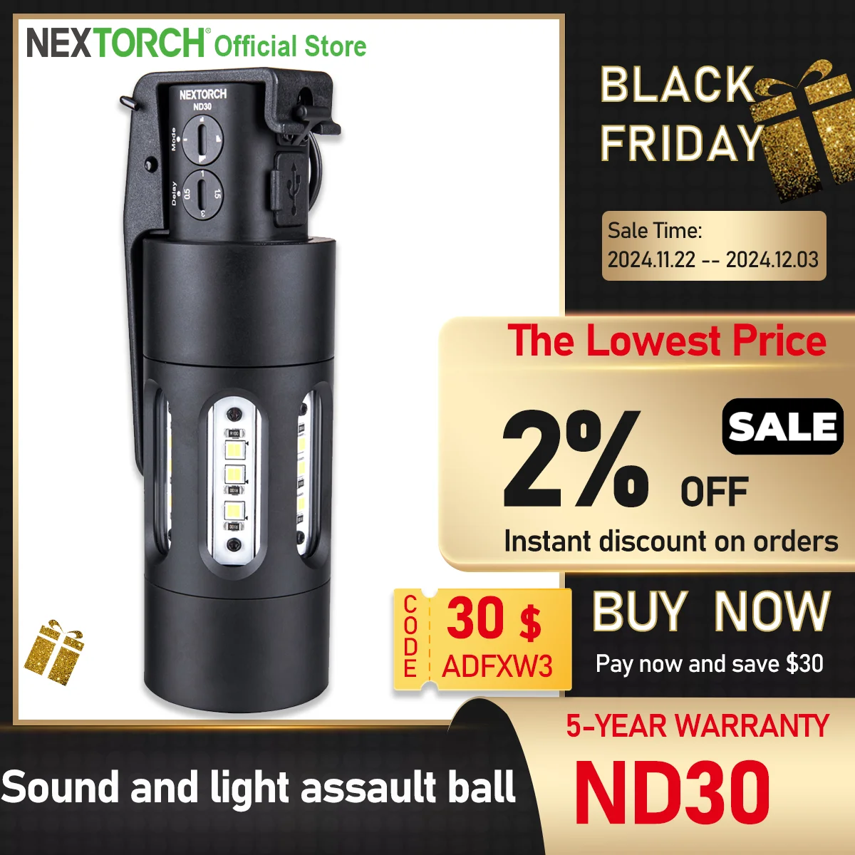 NEXTORCH-Lampe de poche portable à nervures rapides, lampe de poche LED injuste, volontairement 30, 11000, 130 dB, 1225 Wind