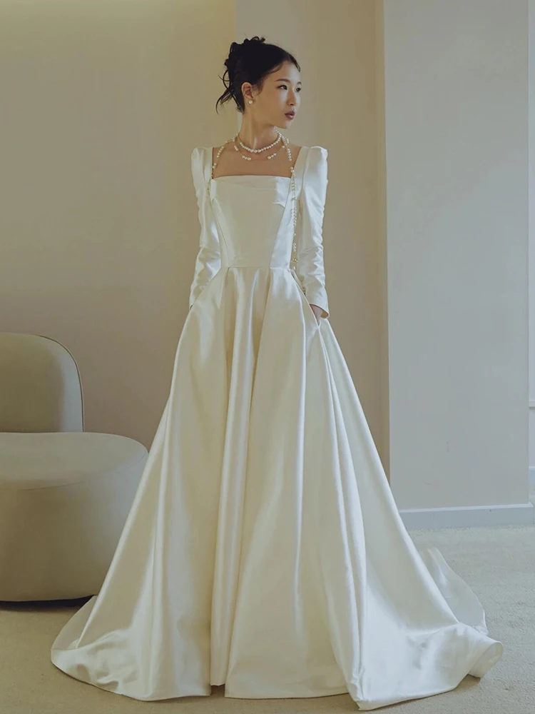 

Ele Simple White Wedding Dr Long Sve Satin Light Outfit Bridal Gown with Train for Spring New 2026 Exit Dr