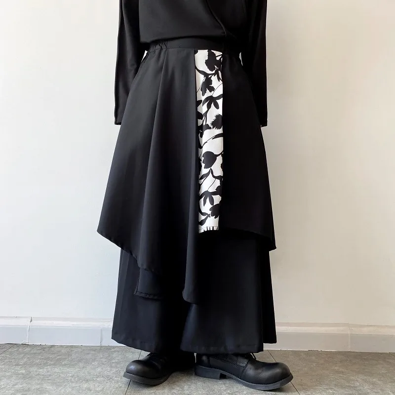 Japanese Dark Fighter Pants Men Yamamoto Style Patchwork Irregular Elastic Waist Skirt Trousers Samurai Culottes Wide Leg Pants