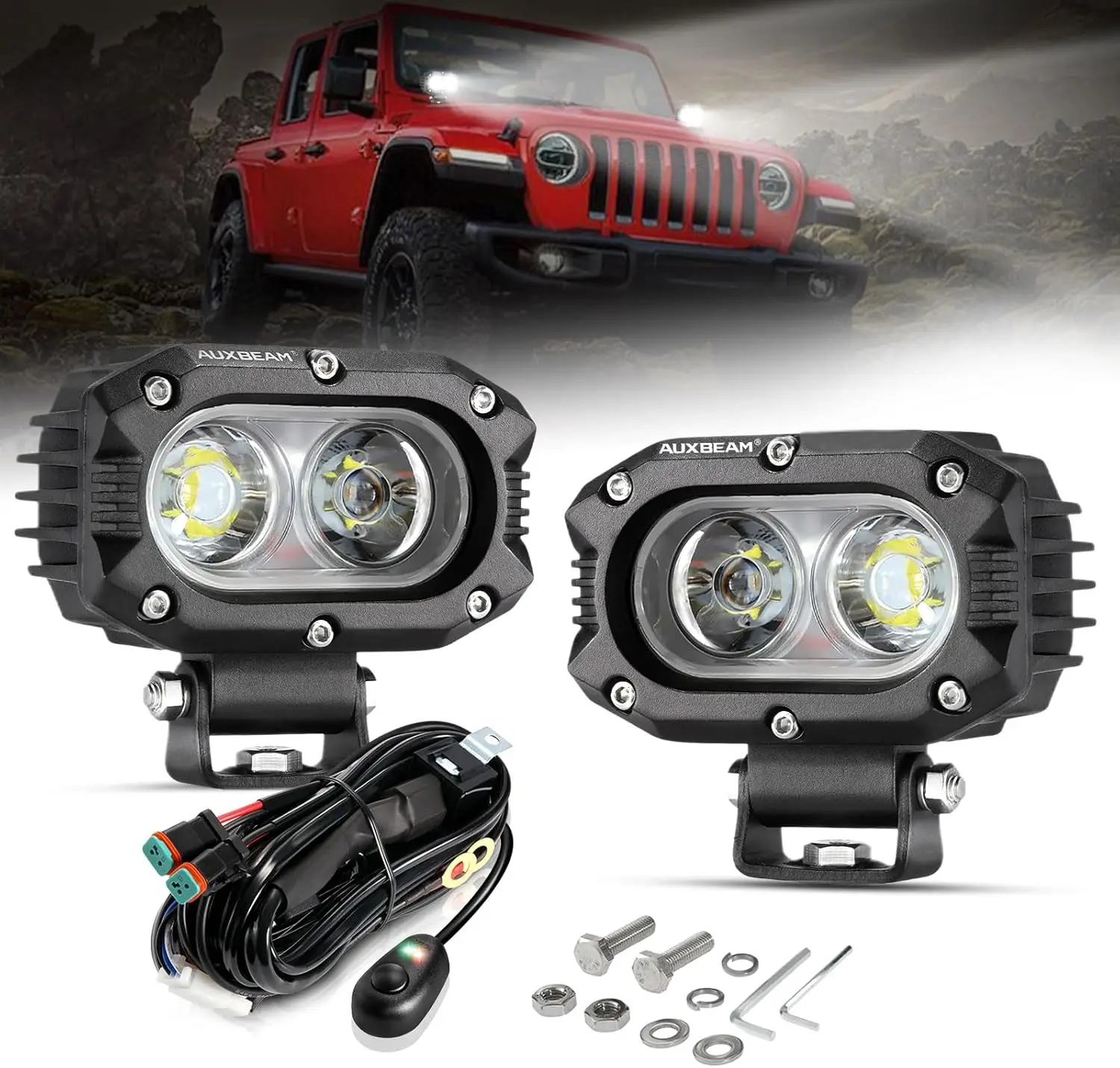 4 Inch LED Pod, Square Pod Light with 5050 LED White Flood Beam Offroad Driving Light Fog Light with Wiring Harness for Jeep Wra