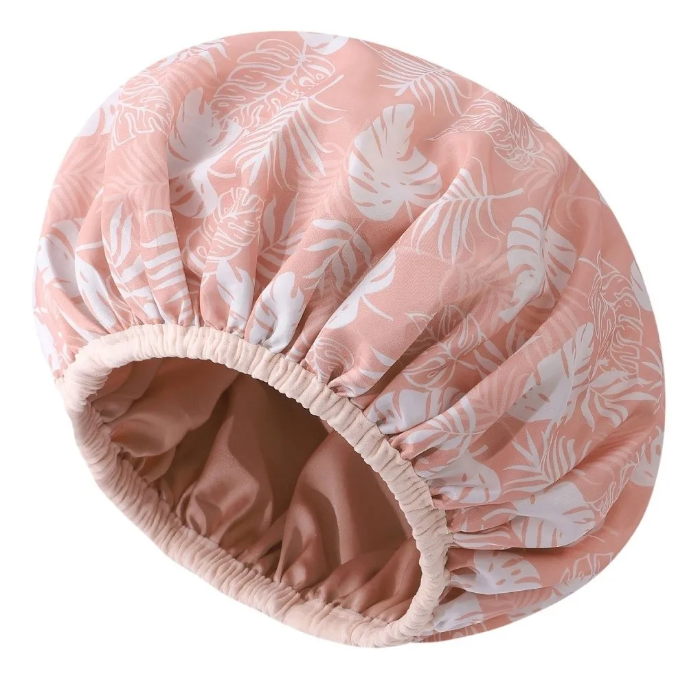 New Waterproof Shower Cap Double Layer Reusable Shower Bonnet Flower Printed Soft Elastic Band Bathing Hair Cover Salon Use