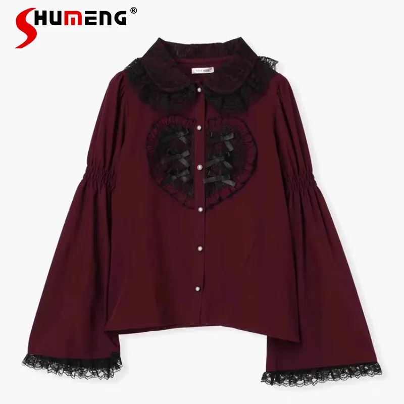 

Japanese Lolita Original New Mine Series Big Love Lace Bow Pagoda Sleeves Single-breasted Shirt Black Sweet Cute Slimming Blouse