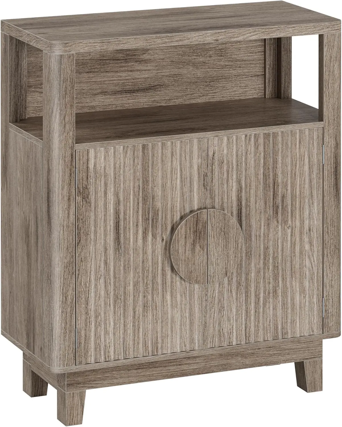 Farmhouse Cabinet with Adjustable Shelf & Doors, Small Fluted Coffee Bar with Open Compartment, Round Handle Sideboard