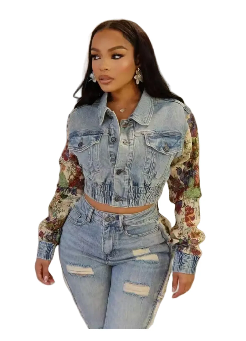 Women Jacket Autumn Winter Fashion Print Patchwork Long Sleeve Stretch Denim Jacket Streetwear Slim Tigh Waist Crop Jean Jacket