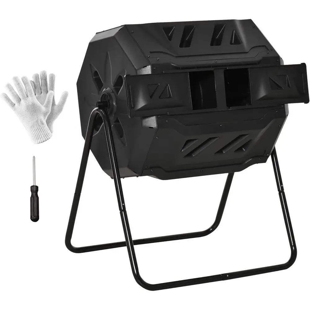 Outdoor 360 Dual Chamber Rotating Composter 43 Gallon, Black
