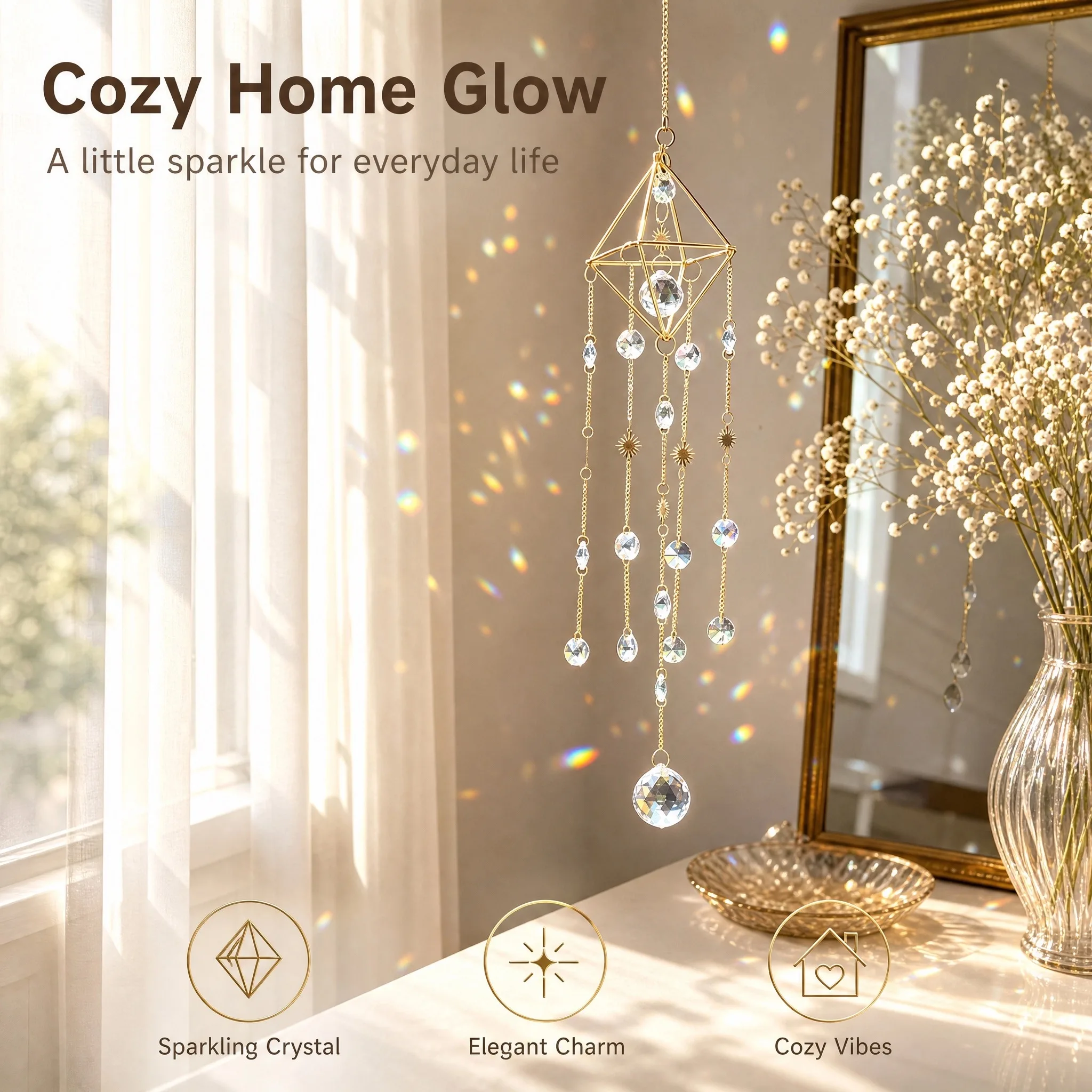 Octahedron Clear Crystal Suncatcher 37cm 95.3g AB-Coated Hanging Prism Window Decor Sunburst Charm Rainbow Light Catcher Gift