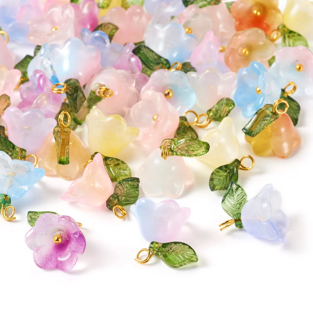 Flower Acrylic Glass Pendant Floral Bud Morning Glory with Green Leaf Charms Dangle Earring Bracelet Jewelry Making DIY Supplies