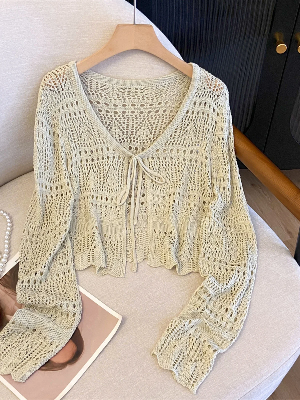 夏用多用途透かし編みニットリネン長袖日焼け止めカーディガンショールレディースアウターアイスシルクトップ