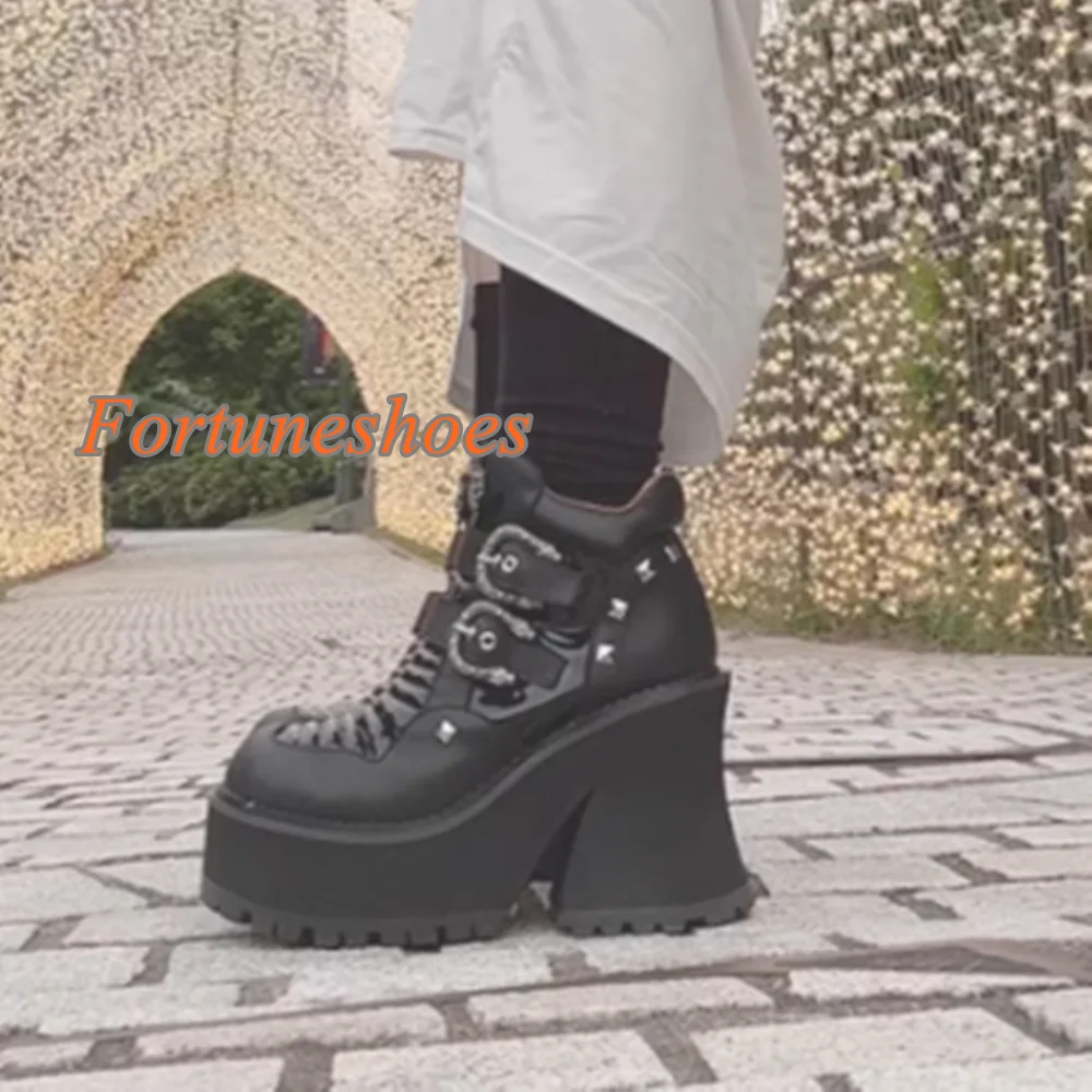 Metal Decoration Belt Buckle Boots Platform Mid Calf Side Zipper Round Chunky High Heel Boots Casual Fashion 2025 Newest Boots