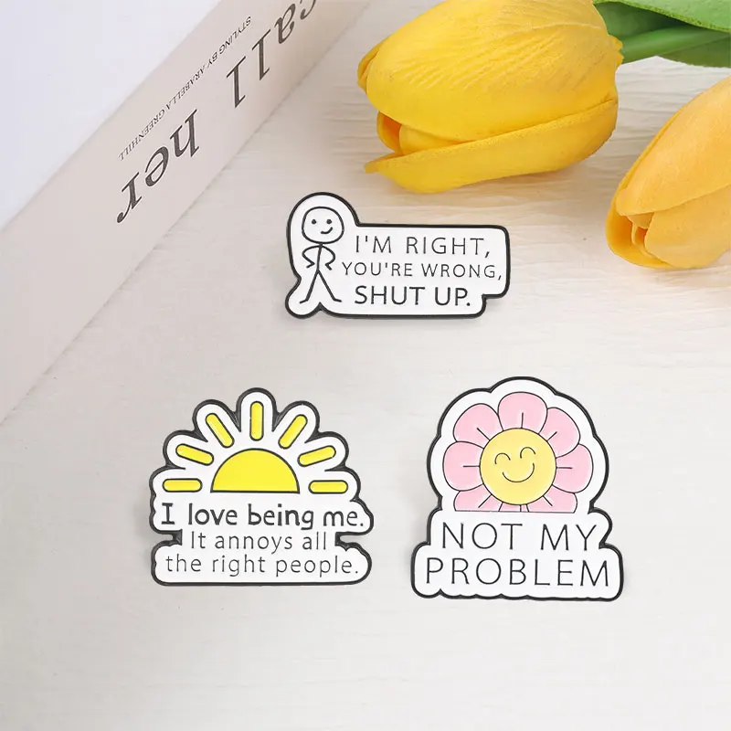 Lustiges, sarkastisches Zitat, Emaille-Abzeichen, „Nicht mein Problem“, Blumen-Anstecknadel, Stick-Figur, Humor, Metall-Brosche, Geschenkidee für Gen Z und Teenager – Detail 6