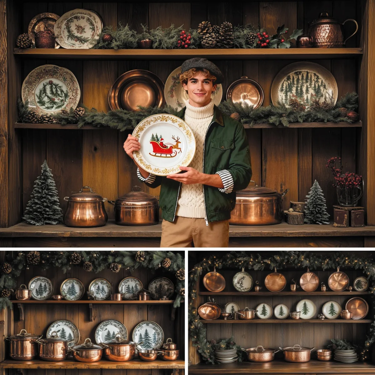 Christmas Kitchen Photography Backdrop Wreath Wooden Cabinet Plate Kitchenware Adult Christmas Party Decoration Photo Background
