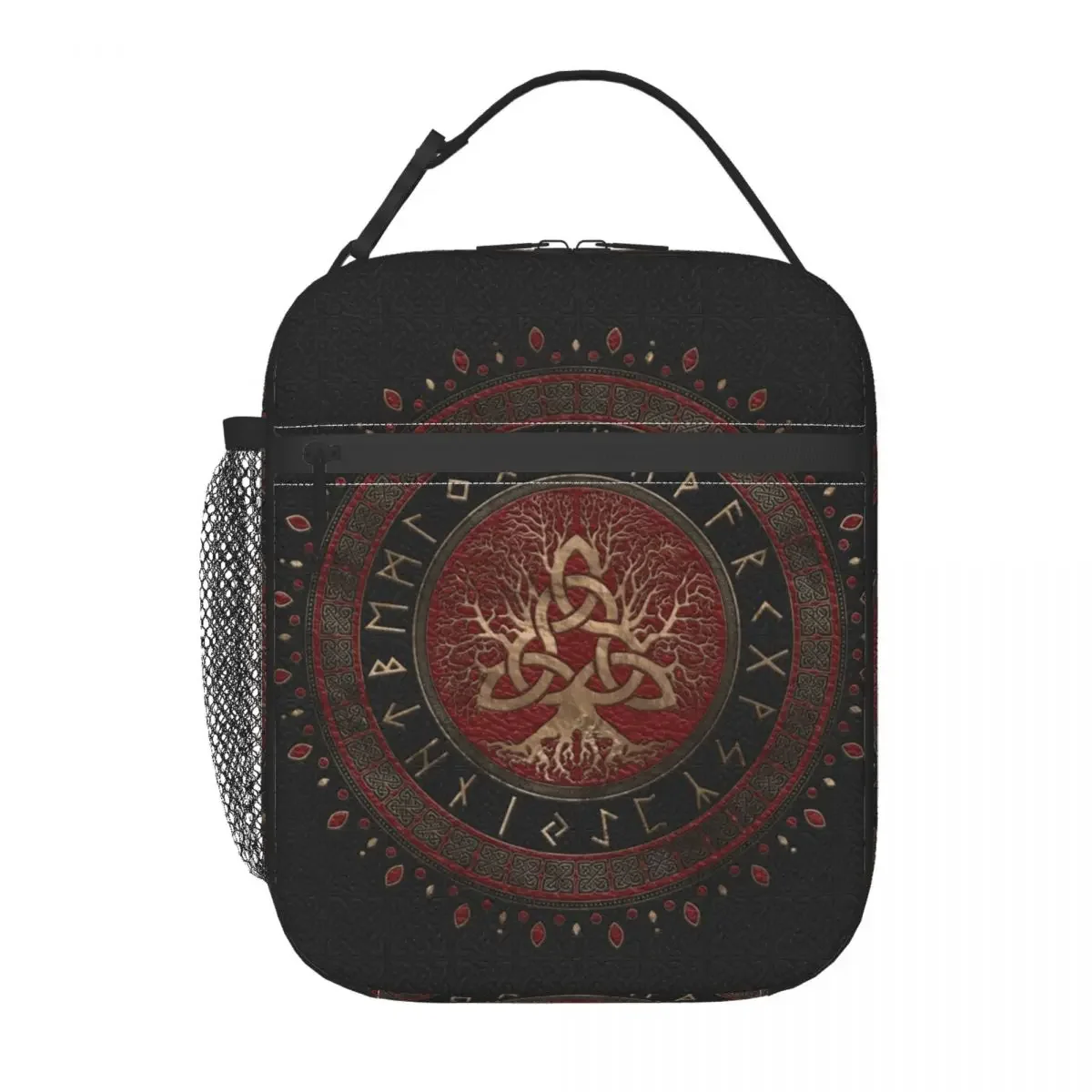 Tree Of Life With Triquetra Black Red Leather Insulated Lunch Bag Leakproof Norse Yggdrasil Thermal Cooler Lunch Tote