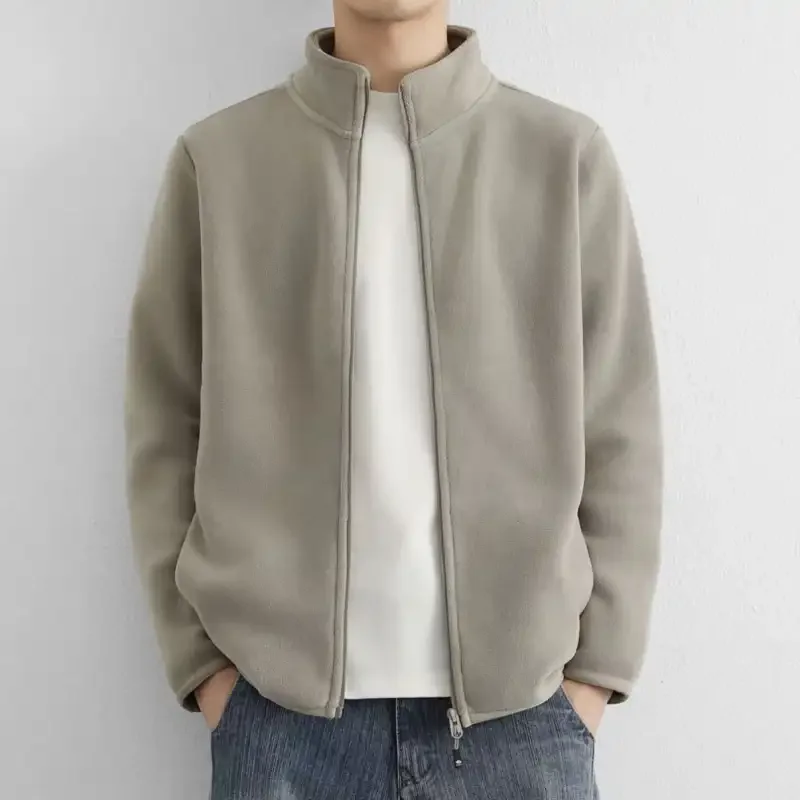 

Мужская повседневная флисовая куртка на молнии с воротником-стойкой для повседневной носки, легкий и удобный дизайн, однотонная весна и осень