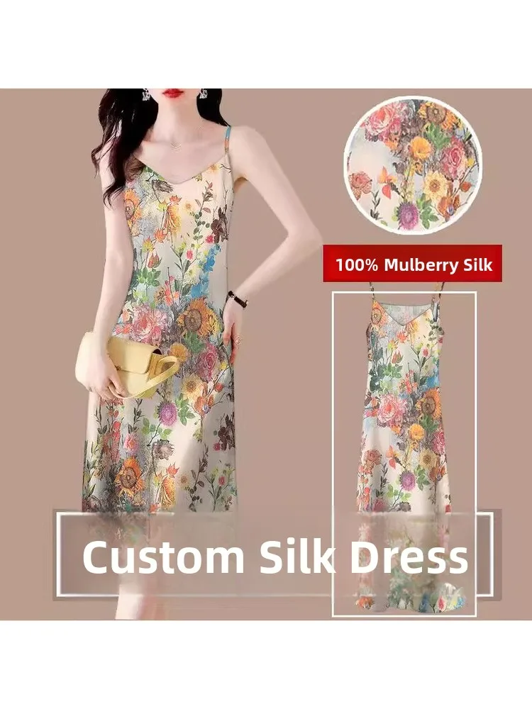 

Fashionable Summer Loose Women's Dress Silk Satin Print Long Vest Dress A-Line Silhouette V-Neckline Sleeveless Daily Wear