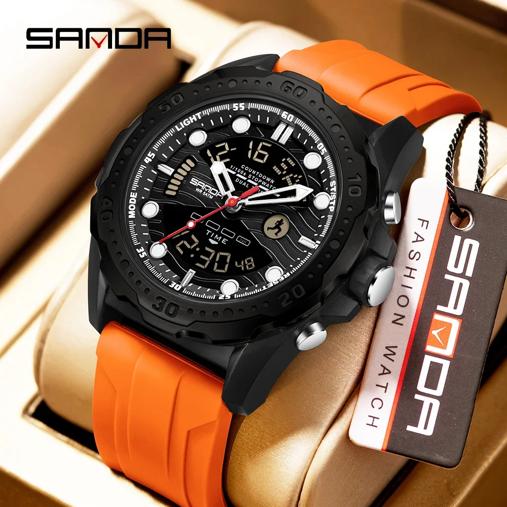 

SANDA 3387, роскошные спортивные мужские кварцевые часы, водонепроницаемые светодиодные еженедельные силиконовые военные цифровые часы