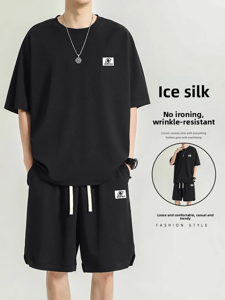 

Мужской летний спортивный комплект Bla Ice Silk: футболка с коротким рукавом и шорты, свободный крой, тонкий, модный, повседневный, быстросохнущий, для бега