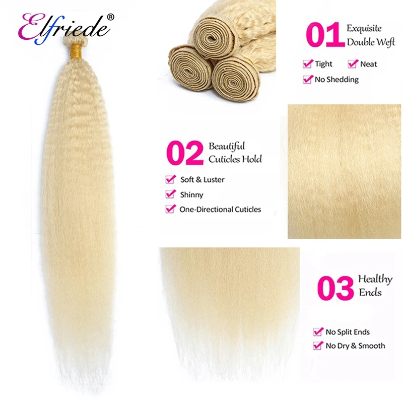 Elfriede #613 Blonde Kinky Straight Human Hair Bundles 100% Human Hair Extensions Remy Hair Weaves 3/4 Bundles Human Hair Weft