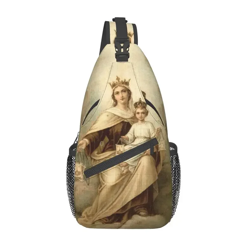 Our Lady Of Mount Carmel Sling Bags for Men Cool Catholic Virgin Mary Shoulder Crossbody Chest Backpack Cycling Camping Daypack